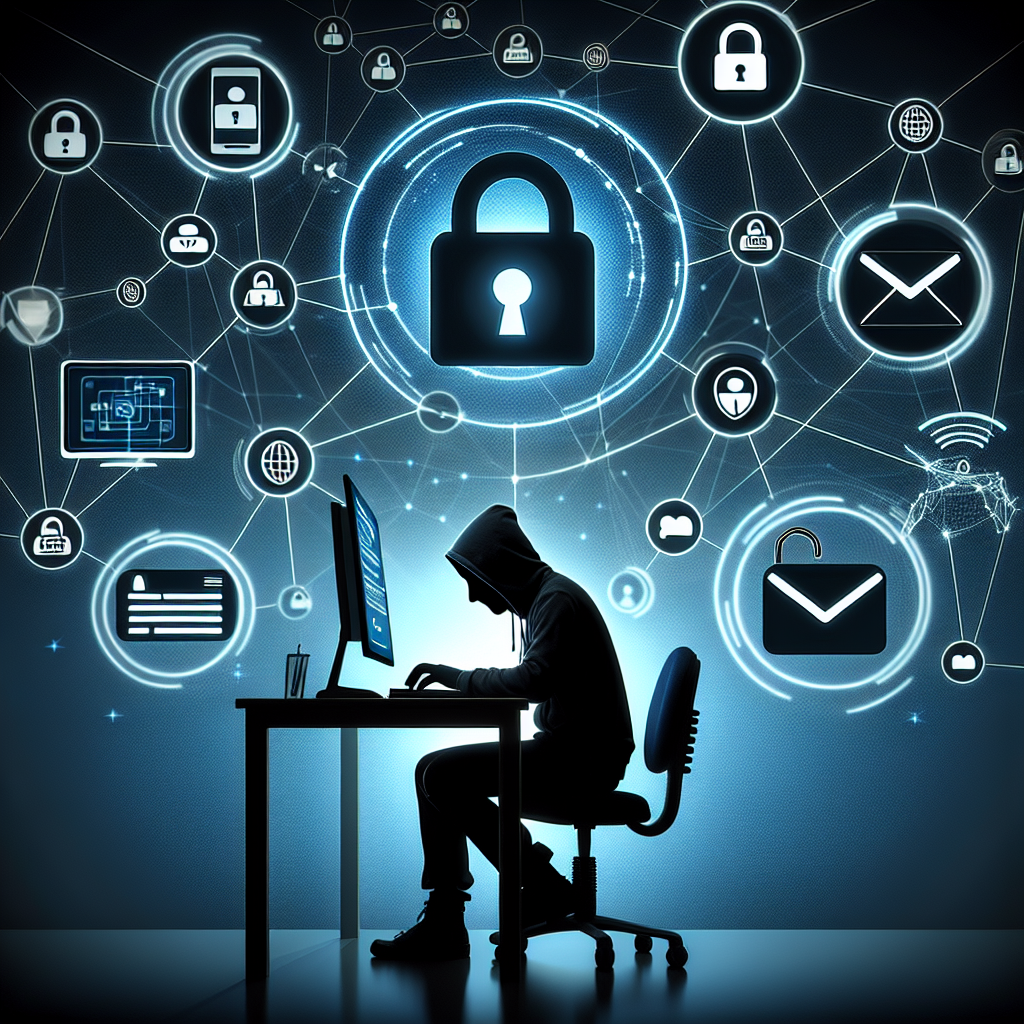 "Illustration of a hacker attempting to bypass multi-factor authentication with various tools and techniques, depicting digital security threats and the importance of safeguarding online accounts."