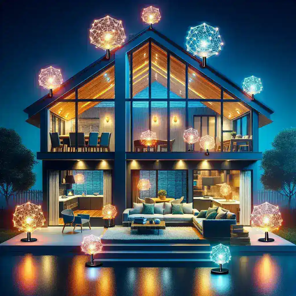 "Whole-home mesh Wi-Fi system setup in a spacious living room, showcasing top-performing routers designed for large houses to enhance internet coverage and connectivity."
