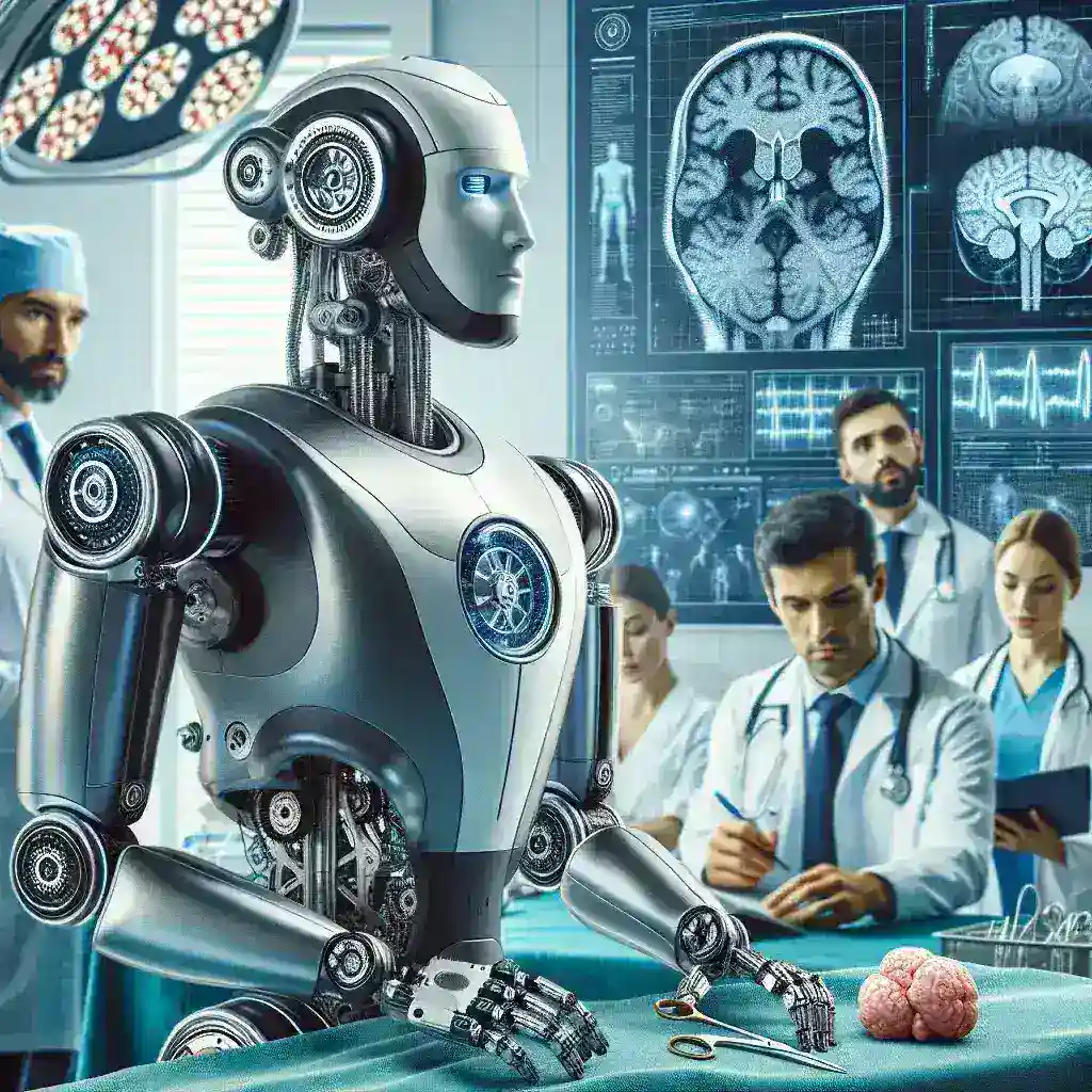 "Independent surgical robot performing a minimally invasive procedure in a modern operating room, highlighting ethical considerations in surgical technology."