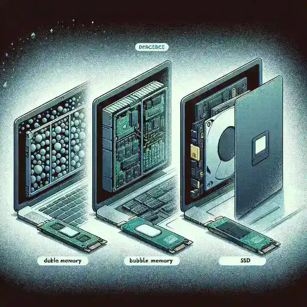 "Comparison of bubble memory and SSD technology in laptops, showcasing the evolution of data storage from past to present."